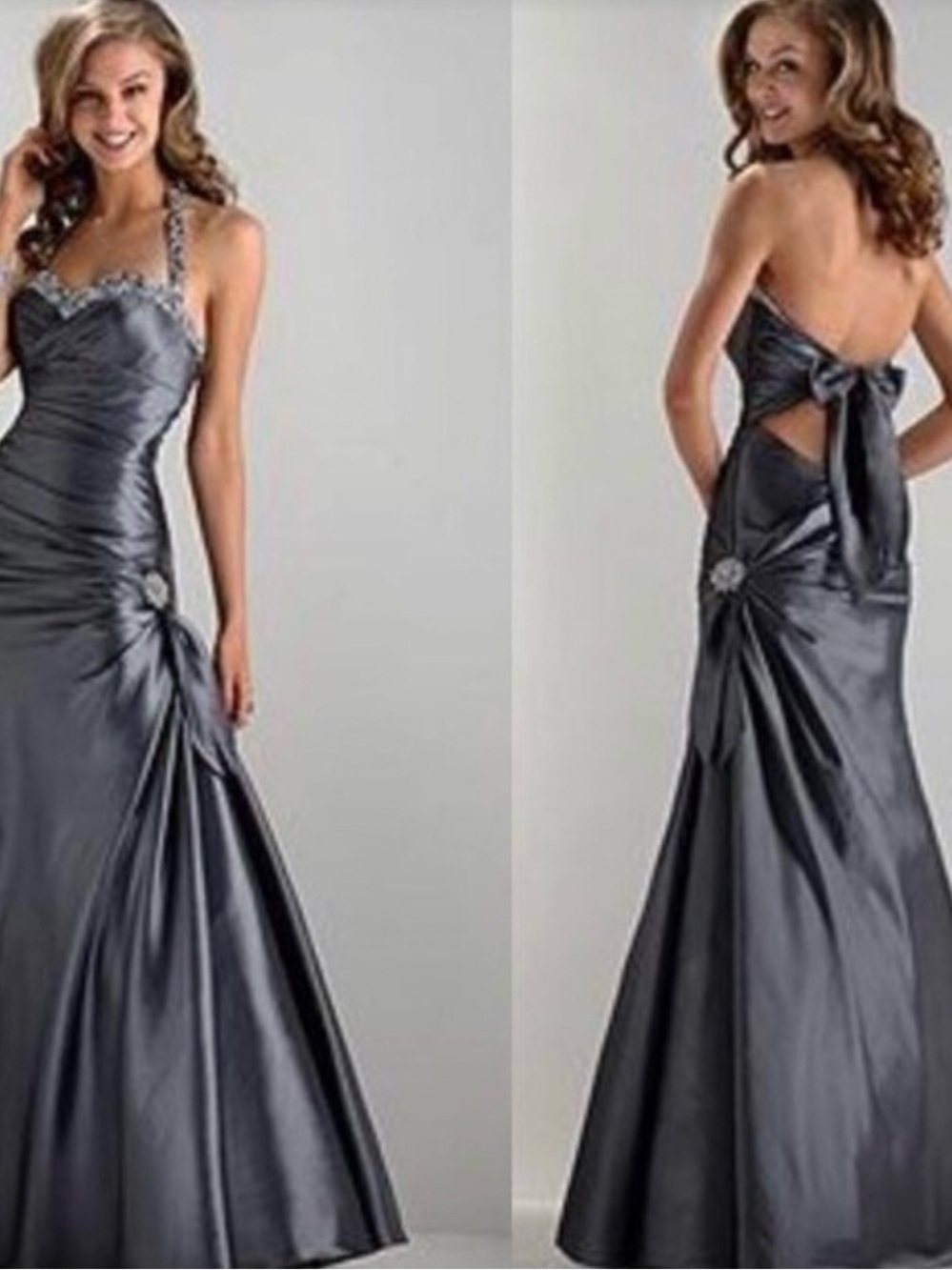 Maggie Sottero Gunmetal Satin Backless Halter Gown with Bow